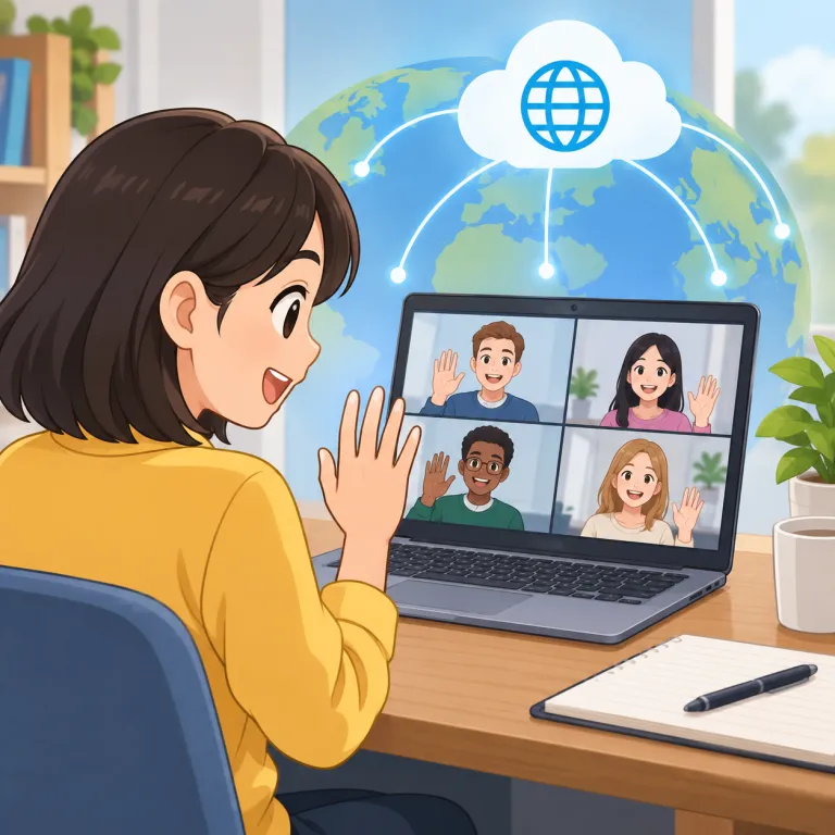 online（オンラインで・adverb）の覚え方イラスト