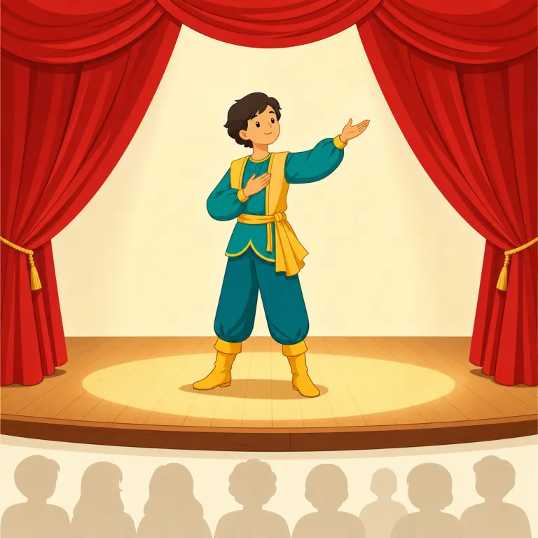 onstage（舞台上で・副詞）の覚え方イラスト — on the stage と同じ場面を一語で表すのが onstage です