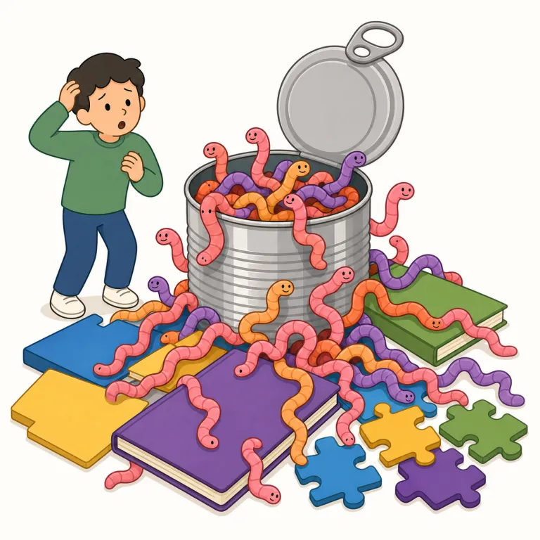 open a can of worms（厄介な問題を引き起こす・イディオム）の覚え方イラスト — open a can of worms は「厄介な問題を引き起こす」と覚えます