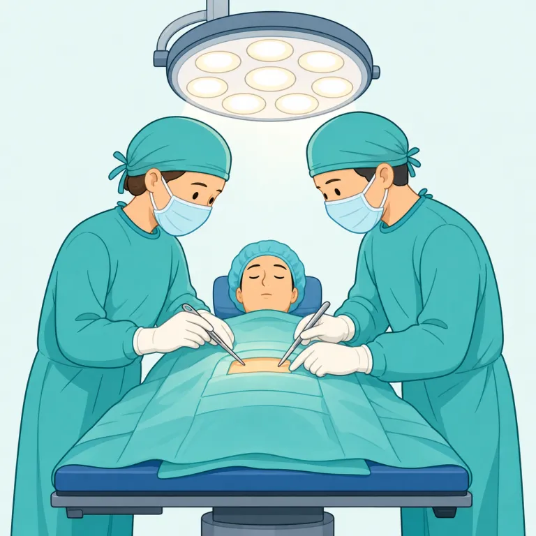 operate on（（人・患部）を手術する・句動詞）の覚え方イラスト — operate on は、医師が患者や患部に「手術を行う」ときの句動詞です