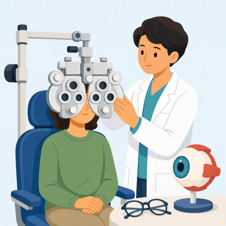 optometrist（検眼医・名詞）の覚え方イラスト — opto- は optical の opt- とつながる「目・視覚」、-metrist は meter / measure を思い出すと「測る人」