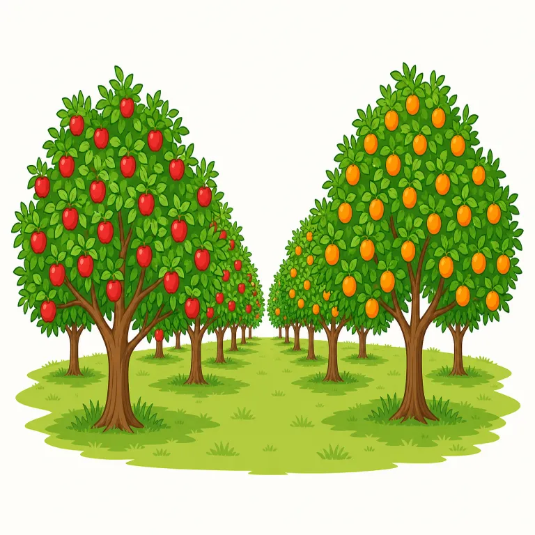 orchard（果樹園・名詞）の覚え方イラスト — orchard はリンゴ、ナシ、ミカン、サクランボなどの果物の木を育てる「果樹園」として覚えます