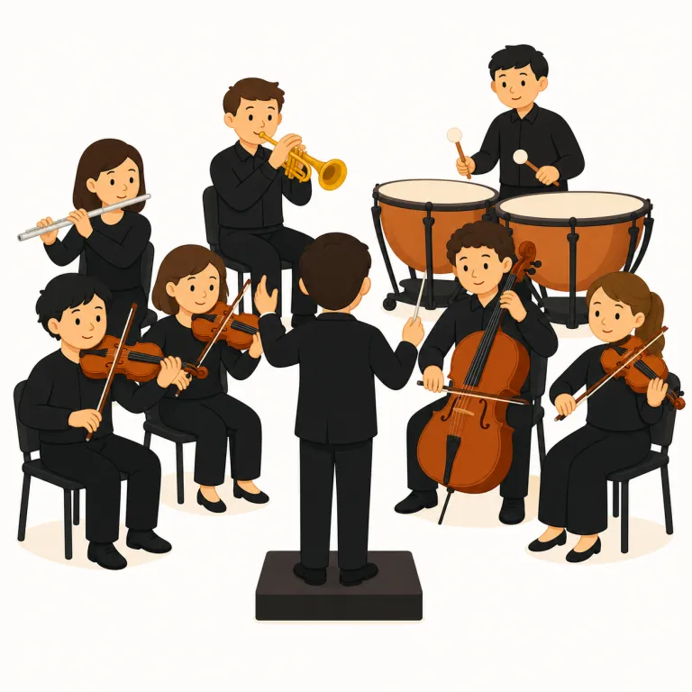 orchestra（オーケストラ・名詞）の覚え方イラスト — orchestra は日本語の外来語「オーケストラ」と形が近いので、指揮者の前で多くの楽器が一緒に演奏する大きな音楽集団を思い浮かべて覚えます