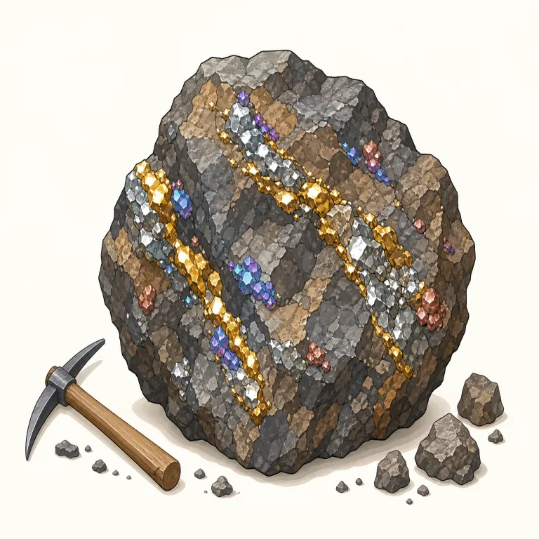 ore（鉱石・名詞）の覚え方イラスト — ore は「金属そのもの」ではなく、earth（土）や rock（岩）の中に metal が混ざった、採掘前の“原料”だと押さえると覚えやすいです