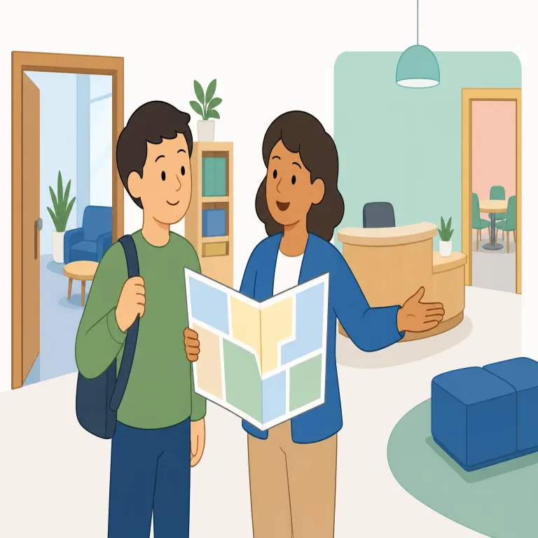 orientation（オリエンテーション・名詞）の覚え方イラスト — orientation は、新しい学校・職場・組織に入った人へ行う「導入説明」や「初期研修」を指します