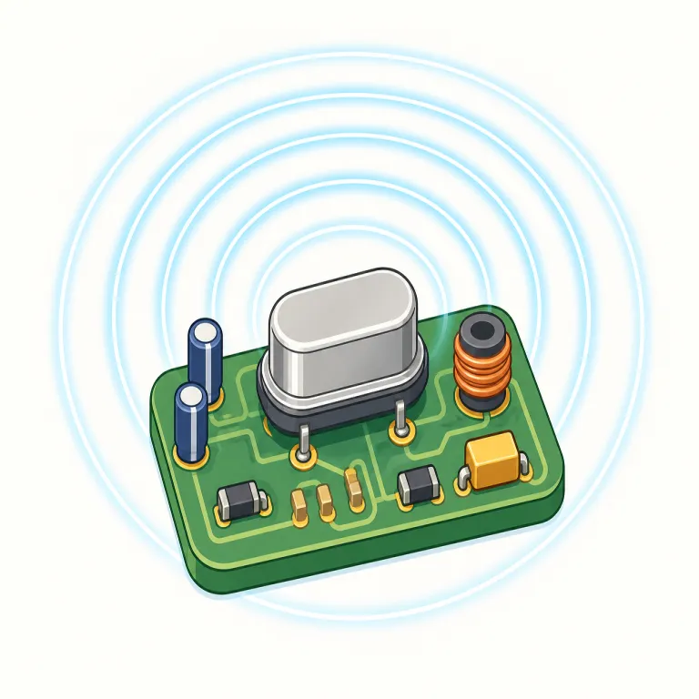 oscillator（発振器・名詞）の覚え方イラスト — oscillate（揺れ動く）や oscillation（振動）を知っていると、oscillator は「揺れを作り出すもの」とまとまって覚えやすいです