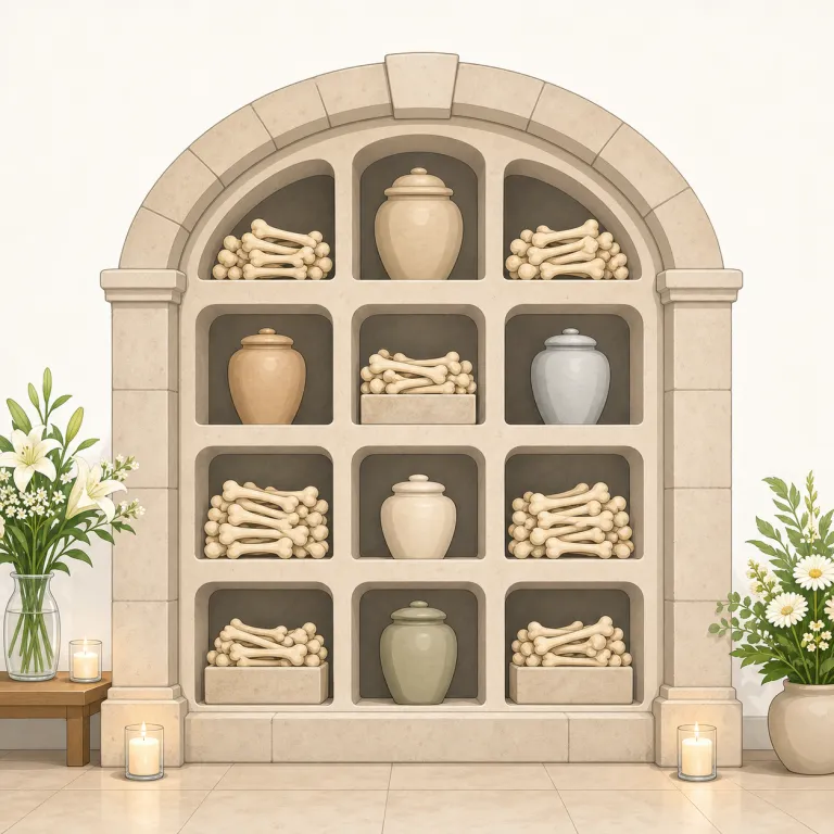 ossuary（納骨堂・名詞）の覚え方イラスト — cemetery が墓地全体、tomb が墓そのもの、mausoleum が立派な霊廟なのに対し、ossuary は「骨を納める場所・容器」に焦点がある語
