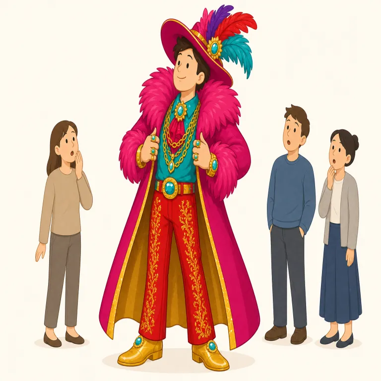ostentatious（これ見よがしな・形容詞）の覚え方イラスト — まず showy や flashy を思い出し、それをさらに「わざと人に見せつける」方向へ強めた語だと覚える