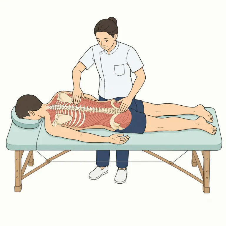 osteopathy（骨格・筋肉のバランスを重視する手技療法・noun）の覚え方イラスト