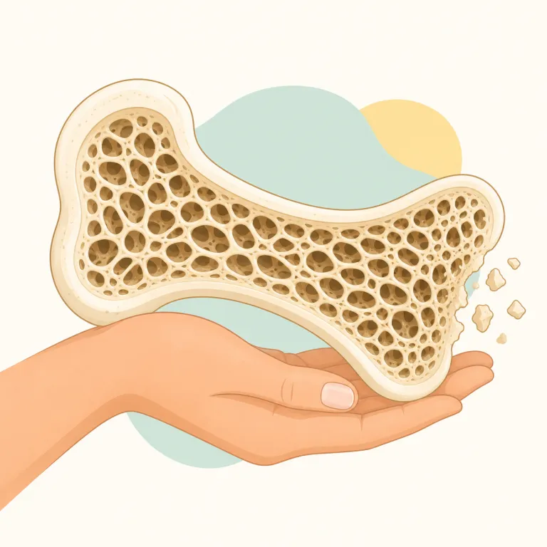 osteoporosis（骨粗鬆症・名詞）の覚え方イラスト — osteo- は osteoarthritis などでも見かける「骨」系の目印、-osis は病気名でよく出る形