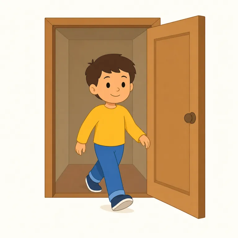 out（外へ・副詞）の覚え方イラスト — out は「内側から外側へ出る」という向きの感覚で覚えます