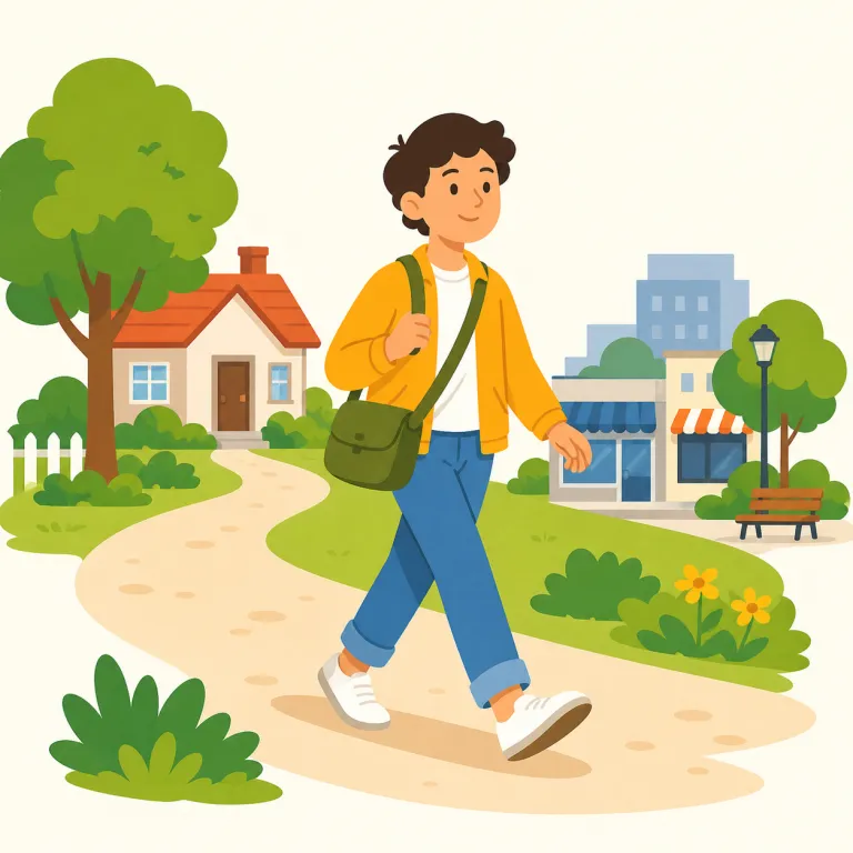 out and about（外出中・イディオム）の覚え方イラスト — out だけだと単に「外にいる・家にいない」こともありますが、out and about は about が加わるので「外であちこち動き回っている」感じまで含みます