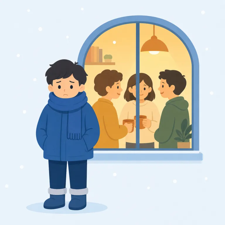 out in the cold（仲間外れ・イディオム）の覚え方イラスト — まず out を「輪の外に出される」、cold を「寒さ」と「人の冷たさ」の両方で捉えると覚えやすいです