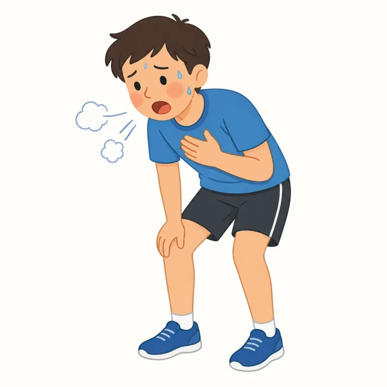 out of breath（息切れして・イディオム）の覚え方イラスト — まず out of = 「〜が切れて・なくなって」、breath = 「呼吸」と分けると、「呼吸が切れた状態」→「息切れして」が自然に出せます