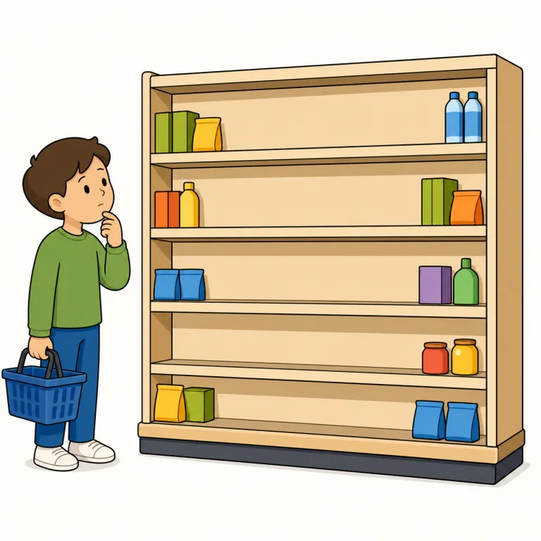 out of stock（品切れ・イディオム）の覚え方イラスト — stock はまず「在庫」として覚え、in stock「在庫あり」と対で押さえると定着しやすいです