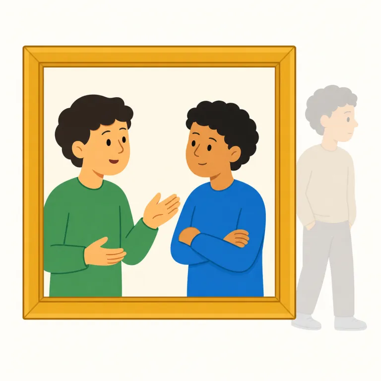 out of the picture（無関係・イディオム）の覚え方イラスト — picture を「写真」より「場面・構図」として捉えると覚えやすい表現です