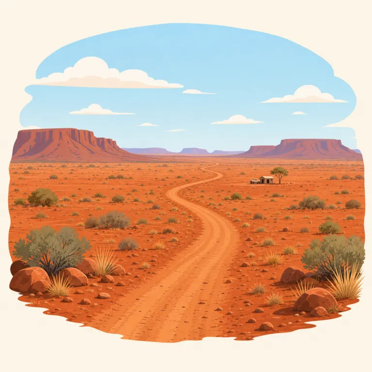 outback（オーストラリア内陸部・名詞）の覚え方イラスト — outback は out「外へ」と back「後ろ・奥」を合わせた語で、海岸や都市の外側、さらに奥へ入った土地を思い浮かべると覚えやすいです