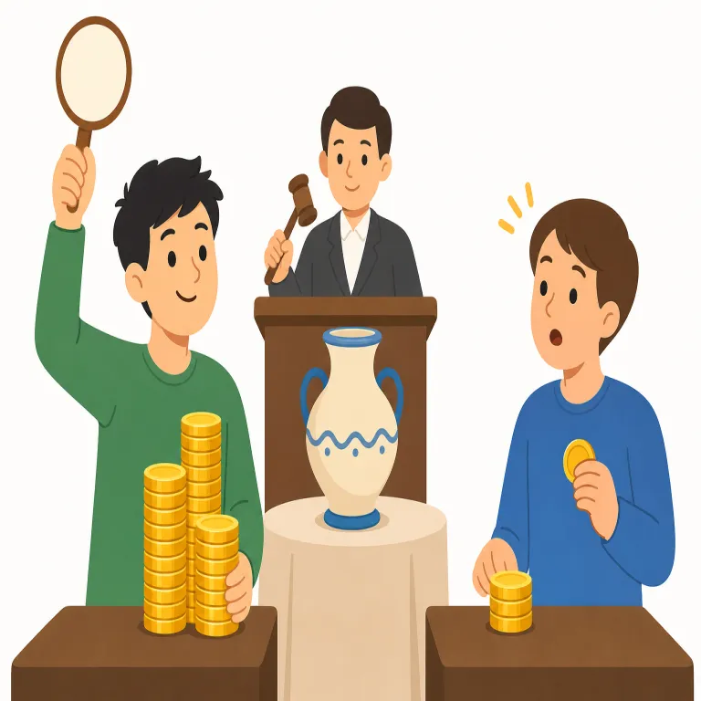 outbid（より高値をつける・動詞）の覚え方イラスト — doubtless は doubt「疑い」+ -less「ない」からできていますが、実際の文では「疑いが少ないので、かなりそうだろう」という推測を表すことがあります