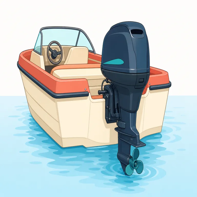 outboard（船外機・名詞）の覚え方イラスト — outboard は out「外」と board「船体・船べり」を意識すると覚えやすい語です