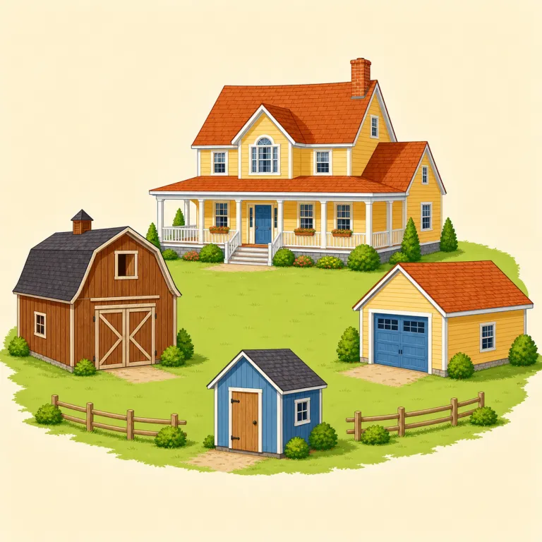 outbuildings（付属建物・名詞）の覚え方イラスト
