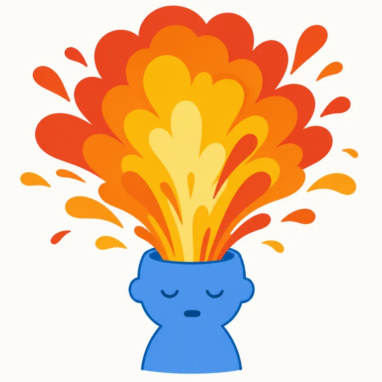 outburst（爆発・名詞）の覚え方イラスト — この「爆発」は、物理的な噴出ではなく、怒り・笑い・涙などの感情や反応が急に表に出る意味で覚えます