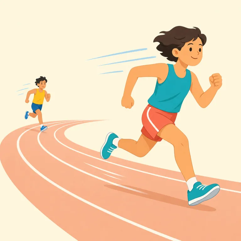 outdistance（引き離す・動詞）の覚え方イラスト — out- には outperform「実績で上回る」や outnumber「数で上回る」のように、「相手より上回る」という働きがあります