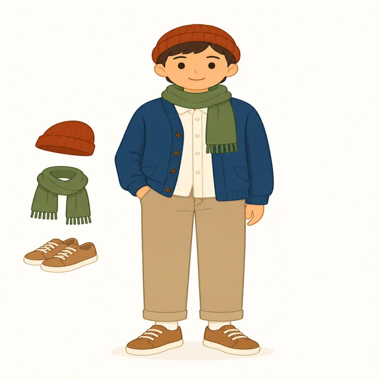 outfit（服装・名詞）の覚え方イラスト — outfit の「服装」は、単なる clothes「服」よりも、上着・ズボン・靴・帽子・小物まで合わせた見た目全体を指す語として覚えるとよいです