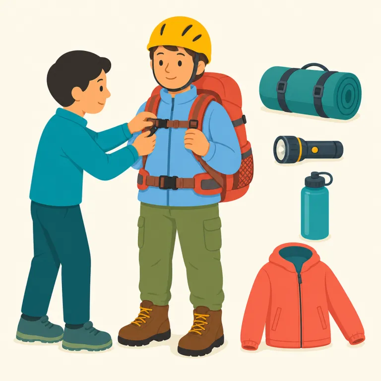 outfitting（装備を整えること・名詞）の覚え方イラスト — outfit は「服装」だけでなく「ひとそろいの装備」も表します