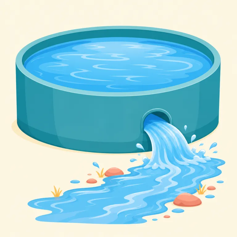 outflow（流出・名詞）の覚え方イラスト — out + flow で「外へ流れる」と分けると覚えやすい語です