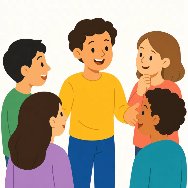 outgoing（社交的な・形容詞）の覚え方イラスト — この意味の outgoing は、人が他人のほうへ自然に出ていくような性格を表します