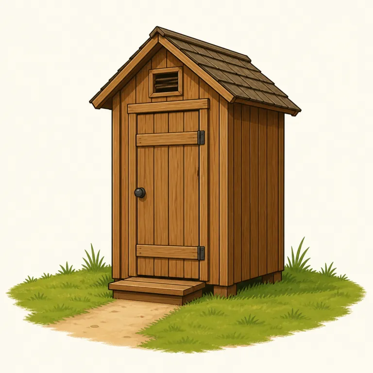 outhouse（野外トイレ・名詞）の覚え方イラスト — out と house をそのまま合わせて、「家の外にある小さな小屋」をまず思い浮かべると定着しやすい語です