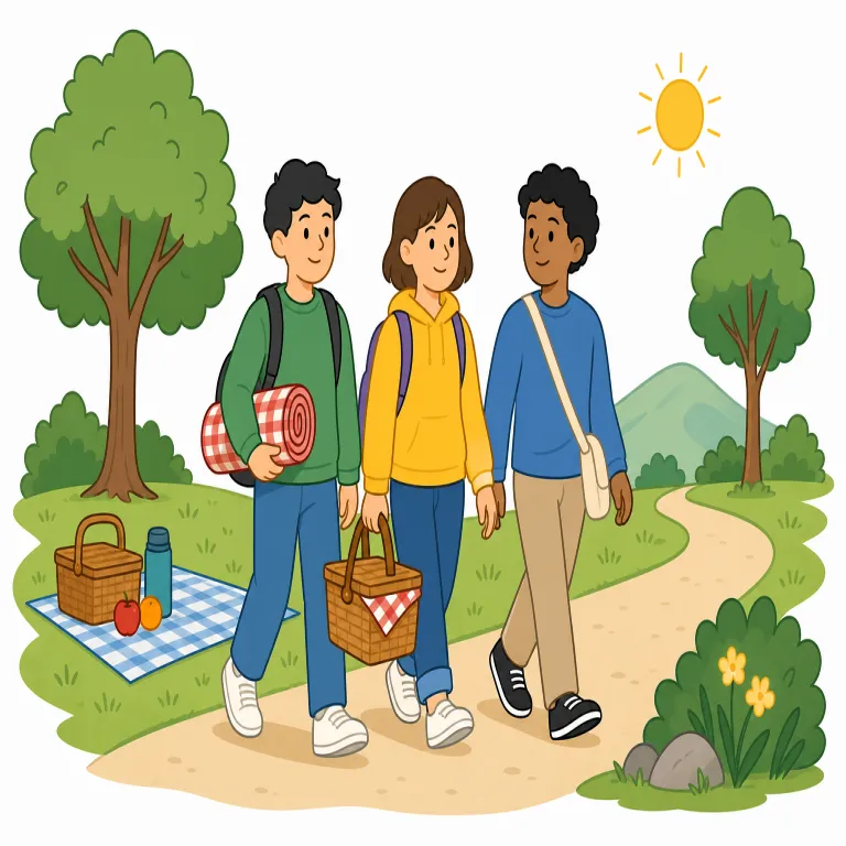 outing（外出、遠足・名詞）の覚え方イラスト — out を知っていれば、「家の中ではなく外へ出る時間」という感覚でつかみやすい語