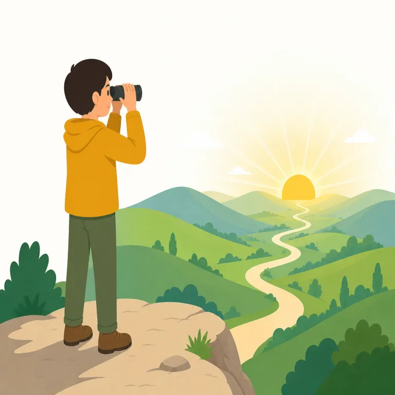 outlook（見通し・名詞）の覚え方イラスト — outlook は out + look で「外へ目を向ける」と考えると、「先の状況を見渡す」という意味につながります