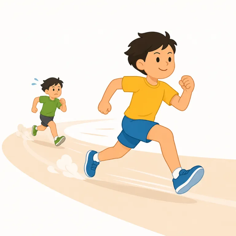 outpaces（上回る・動詞）の覚え方イラスト — out + pace で「相手のペースの外へ出る」と捉えると覚えやすいです