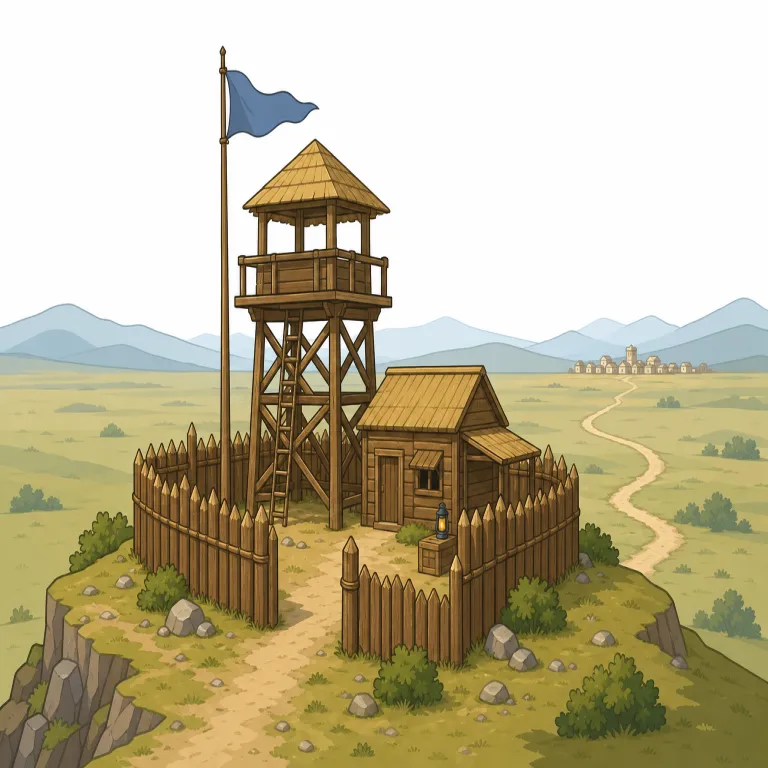 outpost（前哨基地・名詞）の覚え方イラスト — outpost は out「外」と post「持ち場・配置先」で覚えると残りやすい