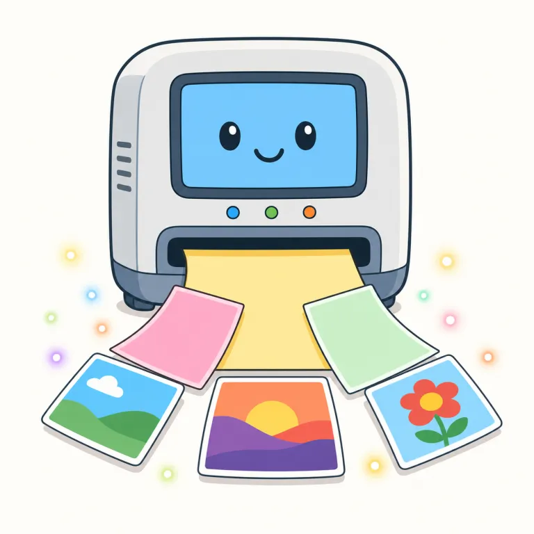 outputting（出力する・動詞）の覚え方イラスト — `outputting` は、コンピュータや機械が処理結果を外へ出している状態を表します