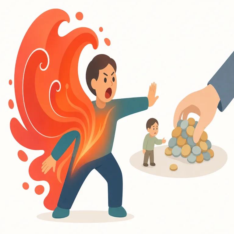 outrage（憤り・名詞）の覚え方イラスト — rage が「激しい怒り」だと分かれば、outrage はまず「強烈な怒り・憤激」という名詞で押さえ、その次に「そのレベルの怒りを引き起こす」が動詞だと覚えると定着しやすいです