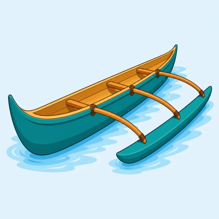 outrigger（船の横に付ける安定用の支え・名詞）の覚え方イラスト — まず out を「外に」、rig を「装備する・組む」と押さえると、outrigger は「船の外に出して付ける装備」とイメージできる