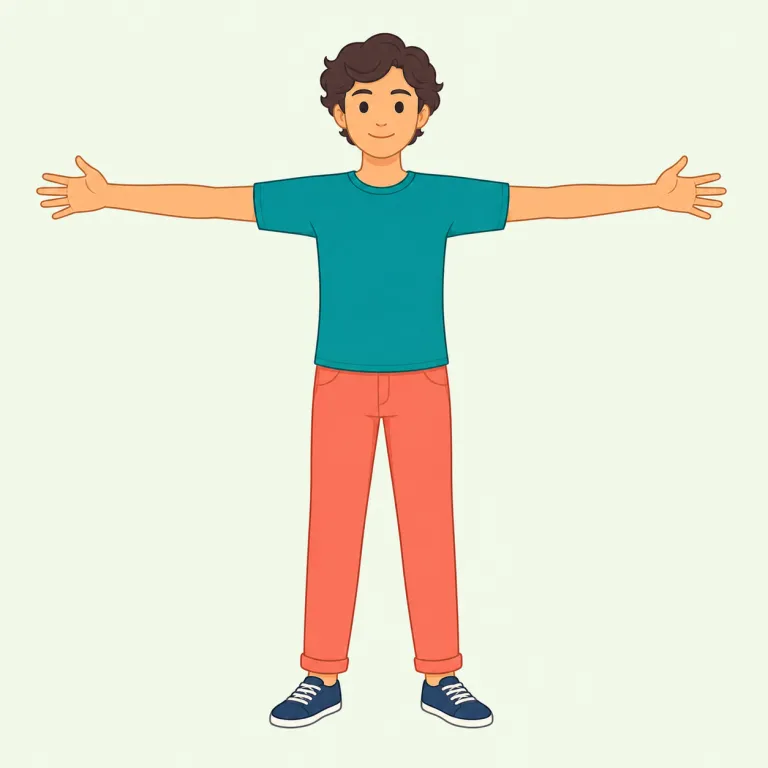 outstretched（伸ばした・形容詞）の覚え方イラスト — stretch「伸ばす」を知っていれば、outstretched は「外へ向かって伸ばされた」とつかめる