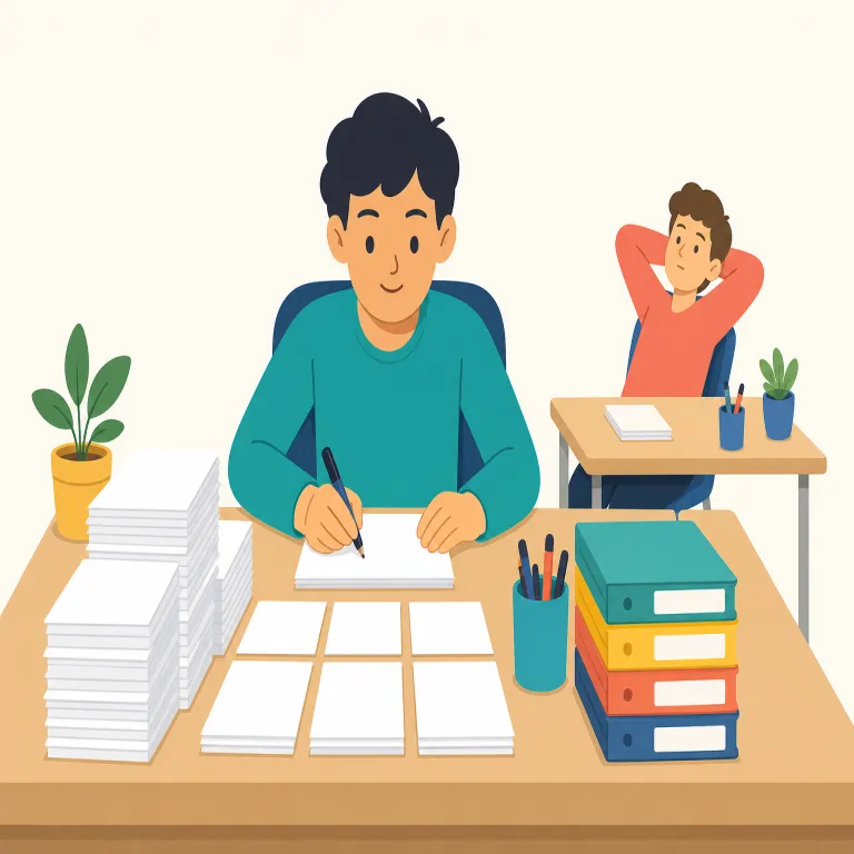 outwork（より多く働く・動詞）の覚え方イラスト — outwork の out- は「外へ」ではなく、比較で「相手を超える」働きをします