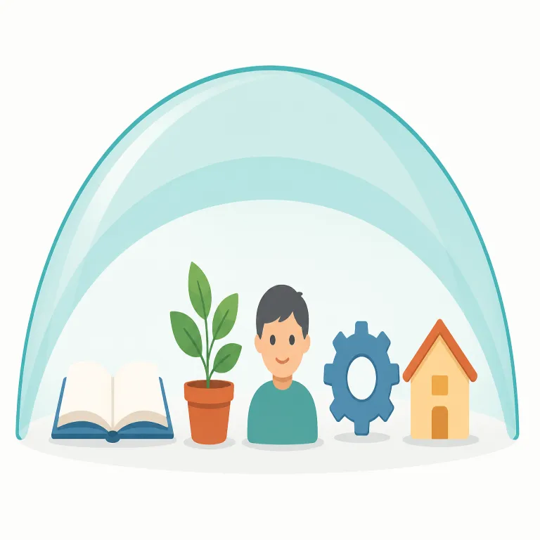 overarching（包括的な・形容詞）の覚え方イラスト — over- が付くと「上から広くおおう」感覚になりやすく、overall や overlook を知っているとつなげやすい語です