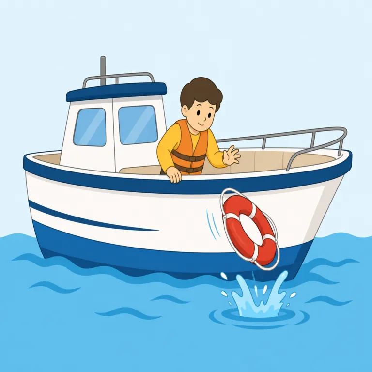 overboard（船外へ・副詞）の覚え方イラスト — 船の board を over して、水の方へ落ちる場面を思い浮かべましょう