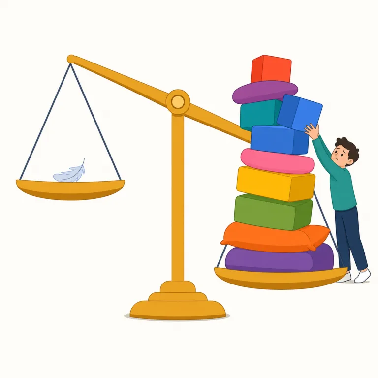 overcompensating（過剰に埋め合わせようとする・動詞）の覚え方イラスト — compensate は「埋め合わせる」