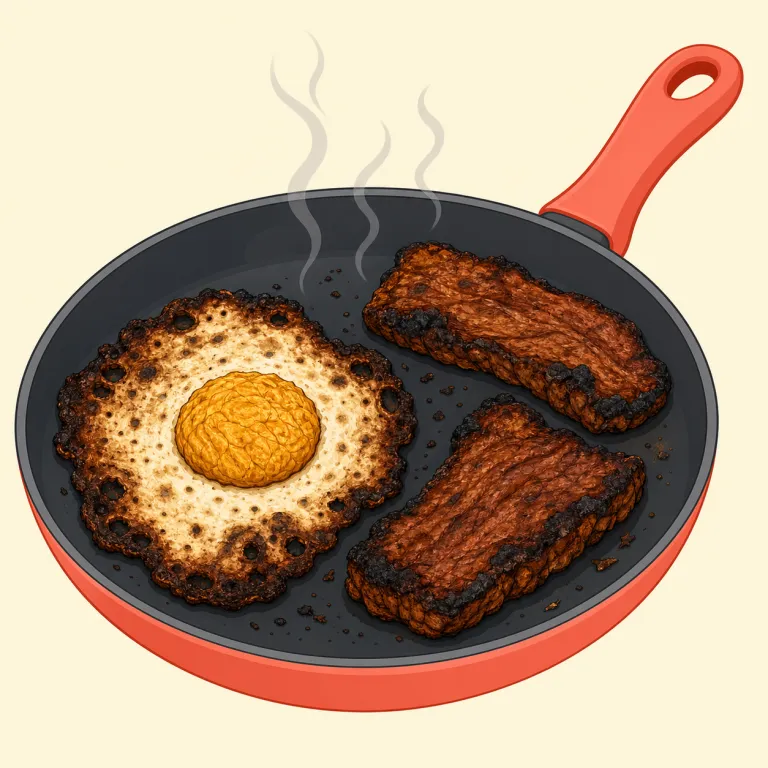 overcooked（加熱しすぎた・形容詞）の覚え方イラスト — cook「料理する」が分かれば、over- が付いて「やりすぎた cook」だと押さえやすい語です