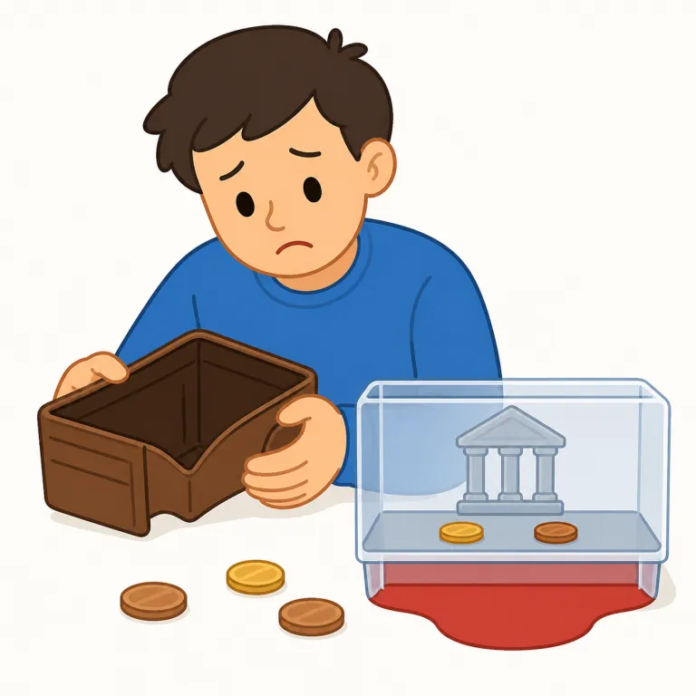 overdrawn（残高超過の・形容詞）の覚え方イラスト — overdrawn は、銀行口座が「残高超過の」状態にあることを表す形容詞です