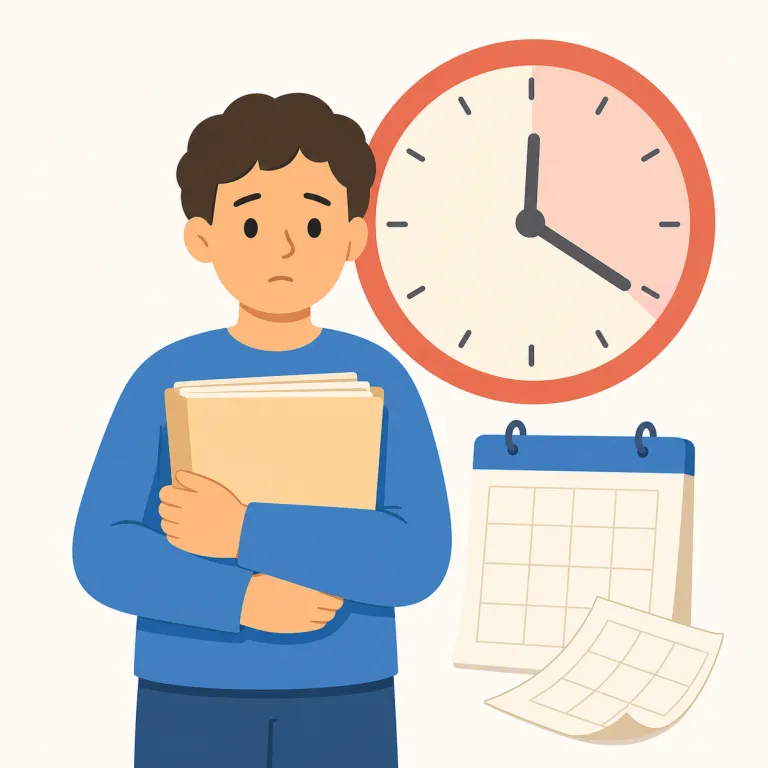 overdue（期限を過ぎた・形容詞）の覚え方イラスト — まず due を「期限どおりの／支払うべき」として押さえ、overdue はその due を over してしまった状態、と見ると覚えやすいです