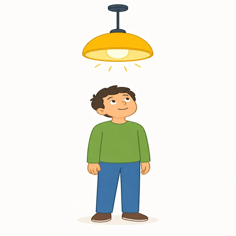 overhead（頭上に・副詞）の覚え方イラスト — overhead は over「上を越えて」と head「頭」が合わさった語として、まず「自分の頭の真上」を思い浮かべるとよい