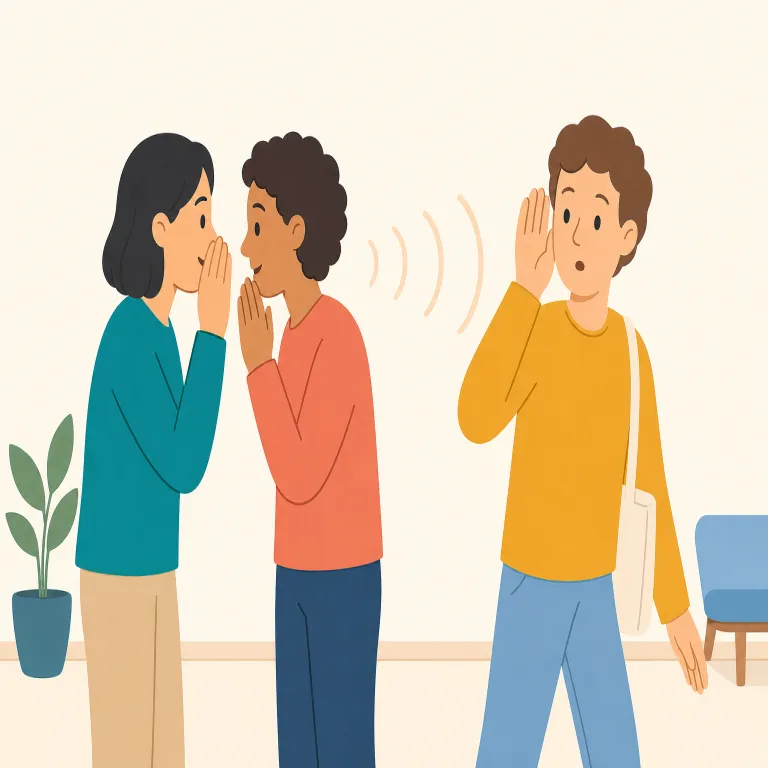 overhearing（ふと耳にする・動詞）の覚え方イラスト — 「ふと耳にする」の核は、耳をそばだてる行為ではなく、聞こえてしまう瞬間です
