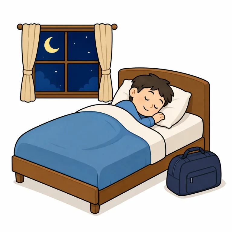 overnight（一泊して・adverb）の覚え方イラスト