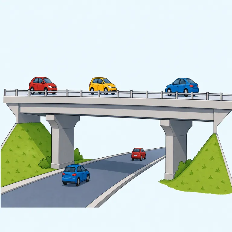 overpass（高架橋・名詞）の覚え方イラスト — over + pass で「上を通って越える道」と捉えると覚えやすい語です